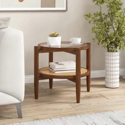 Rattan Round Side End Table with Tempered Glass Tabletop