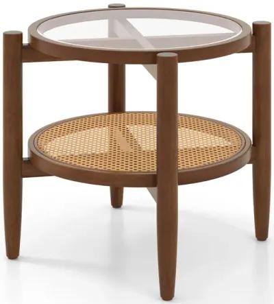 Rattan Round Side End Table with Tempered Glass Tabletop