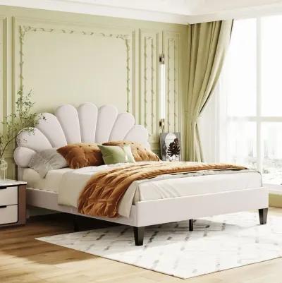 Queen Size Upholstered Platform Bed With Flower Pattern Velvet Headboard