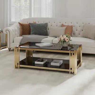 Golden Stainless Steel Double Layer Coffee Table With Black Glass Top