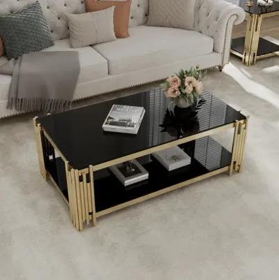 Golden Stainless Steel Double Layer Coffee Table With Black Glass Top