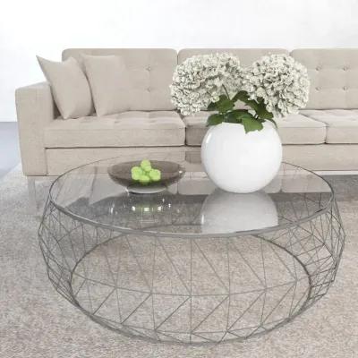 LeisureMod Malibu Modern Round Glass Top Coffee Table With Metal Base