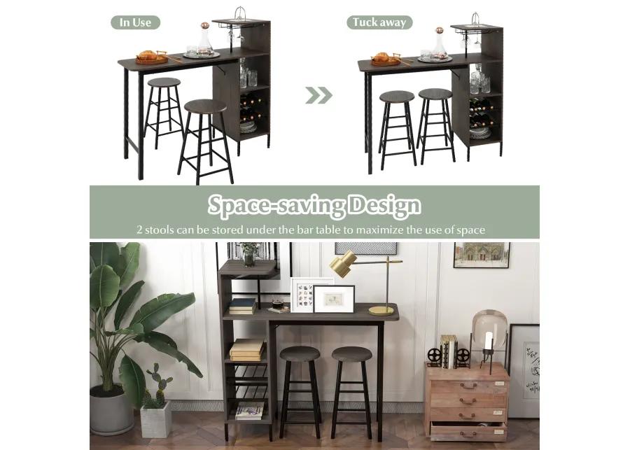 3 Piece Bar Table and Chairs Set with 6-Bottle Wine Rack-Brown