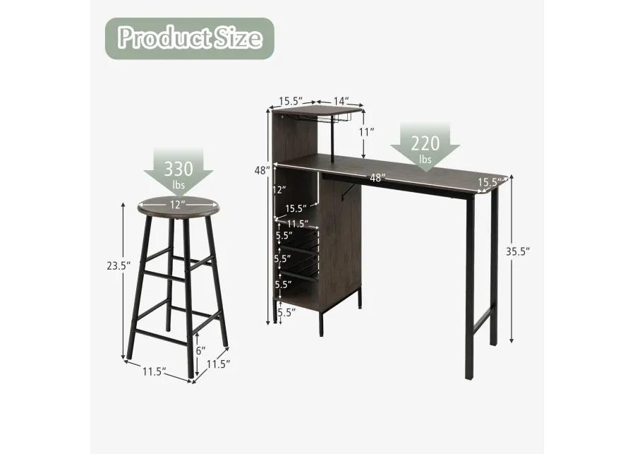 3 Piece Bar Table and Chairs Set with 6-Bottle Wine Rack-Brown