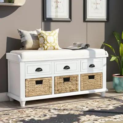 Rustic Storage Bench With 3 Drawers And 3 Rattan Baskets, Shoe Bench For Living Room