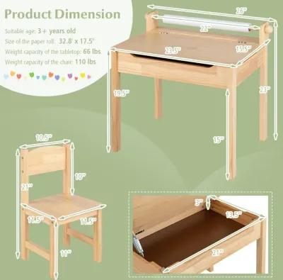 Toddler Multifunctional Activity Table and Chair Set with Paper Roll Holder-Natural