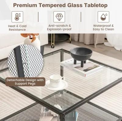 Modern 2-Tier Square Glass Coffee Table with Mesh Shelf