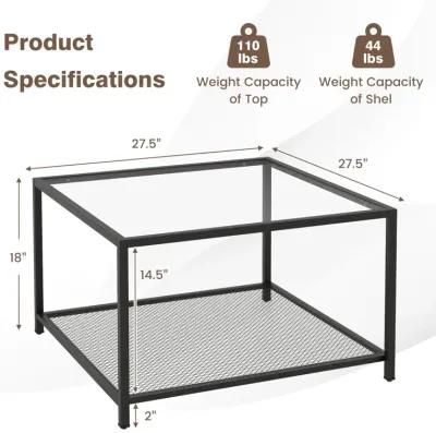 Modern 2-Tier Square Glass Coffee Table with Mesh Shelf