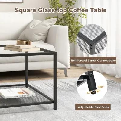 Modern 2-Tier Square Glass Coffee Table with Mesh Shelf