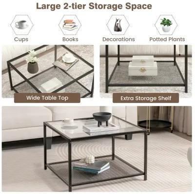 Modern 2-Tier Square Glass Coffee Table with Mesh Shelf