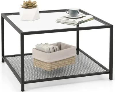 Modern 2-Tier Square Glass Coffee Table with Mesh Shelf