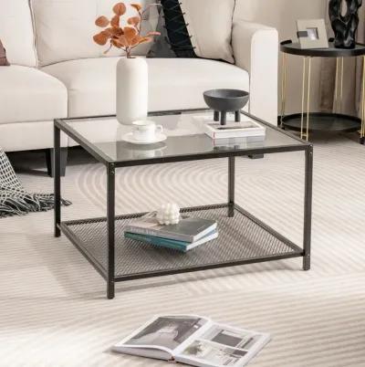 Modern 2-Tier Square Glass Coffee Table with Mesh Shelf