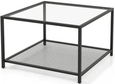 Modern 2-Tier Square Glass Coffee Table with Mesh Shelf