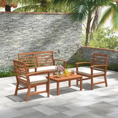 4 Pieces Outdoor Furniture Set with Stable Acacia Wood Frame