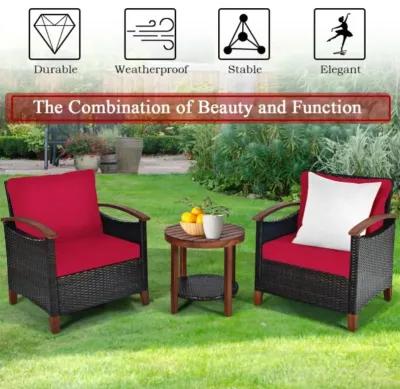 Hivvago 3 Pieces Patio Wicker Furniture Set with Washable Cushion and Acacia Wood Tabletop