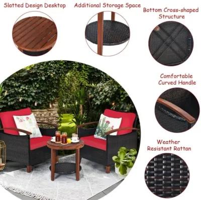 Hivvago 3 Pieces Patio Wicker Furniture Set with Washable Cushion and Acacia Wood Tabletop