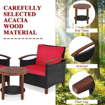 Hivvago 3 Pieces Patio Wicker Furniture Set with Washable Cushion and Acacia Wood Tabletop