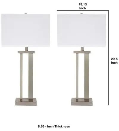 Metal Frame Table Lamp with Hardback Shade, Set of 2, White and Silver - Benzara