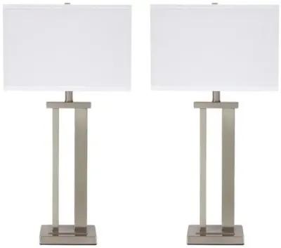 Metal Frame Table Lamp with Hardback Shade, Set of 2, White and Silver - Benzara