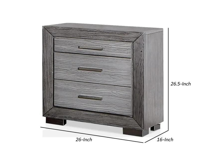 Reno 27 Inch Nightstand, Brushed Gray Wood, Chrome Bracket Legs, USB Ports-Benzara