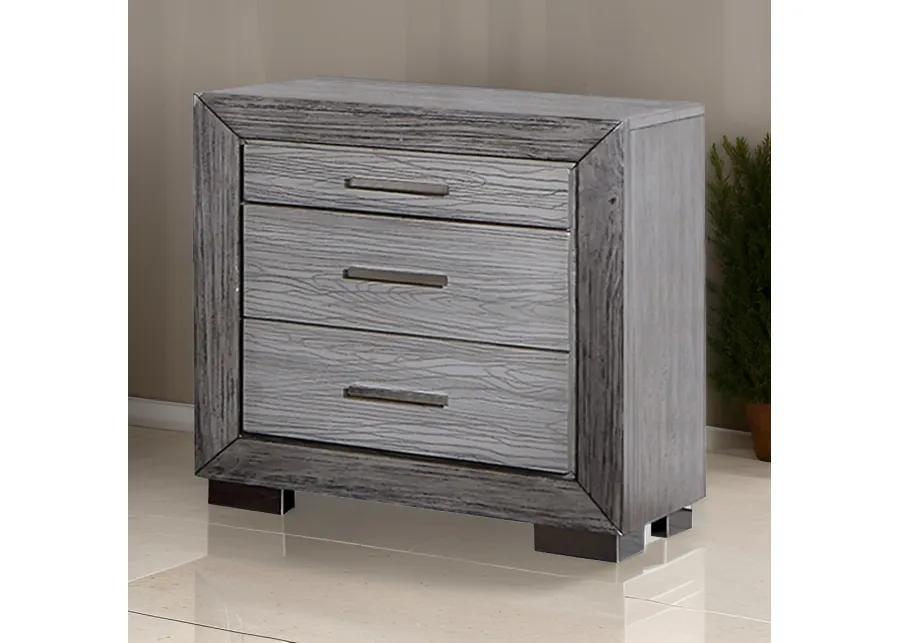 Reno 27 Inch Nightstand, Brushed Gray Wood, Chrome Bracket Legs, USB Ports-Benzara