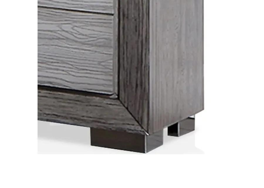 Reno 27 Inch Nightstand, Brushed Gray Wood, Chrome Bracket Legs, USB Ports-Benzara