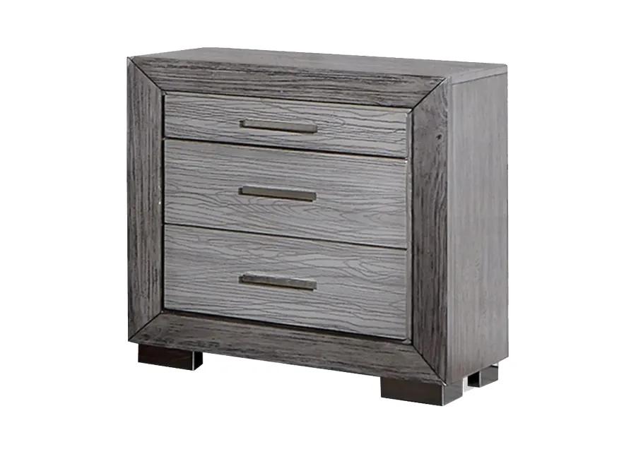 Reno 27 Inch Nightstand, Brushed Gray Wood, Chrome Bracket Legs, USB Ports-Benzara