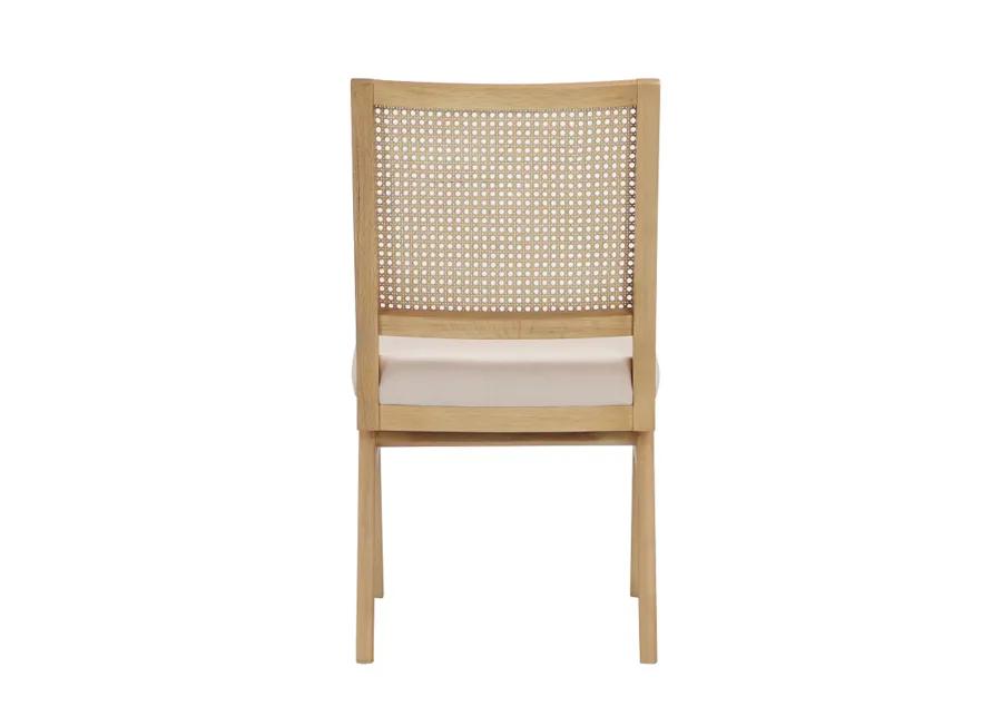 Isha Cane Side Dining Chair Set of 2, Cushioned Seat, White and Brown - Benzara