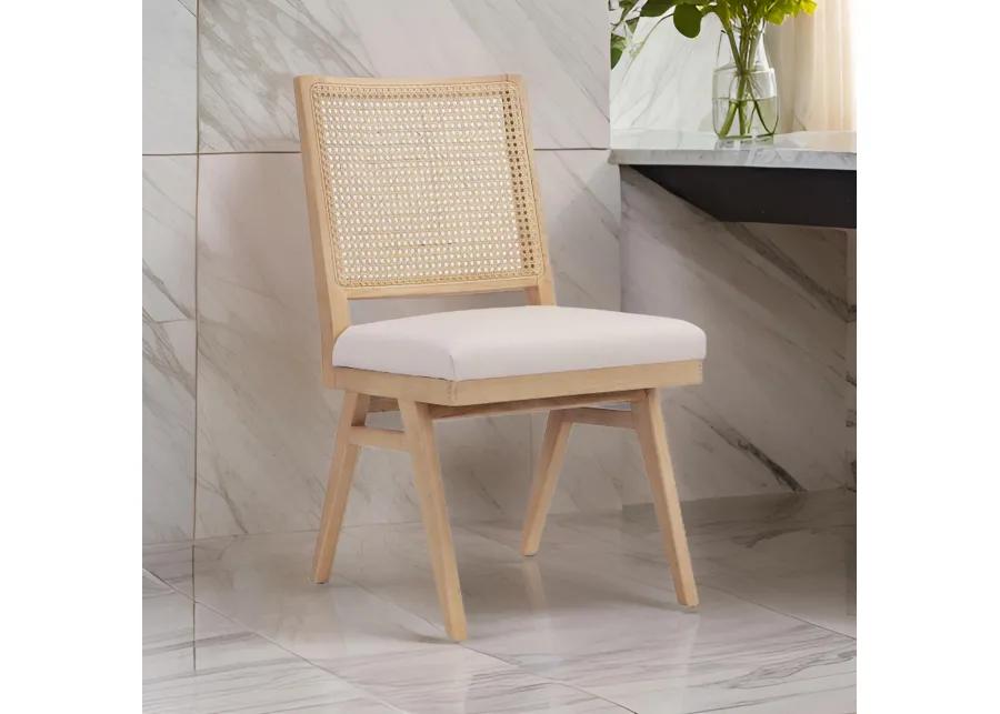 Isha Cane Side Dining Chair Set of 2, Cushioned Seat, White and Brown - Benzara