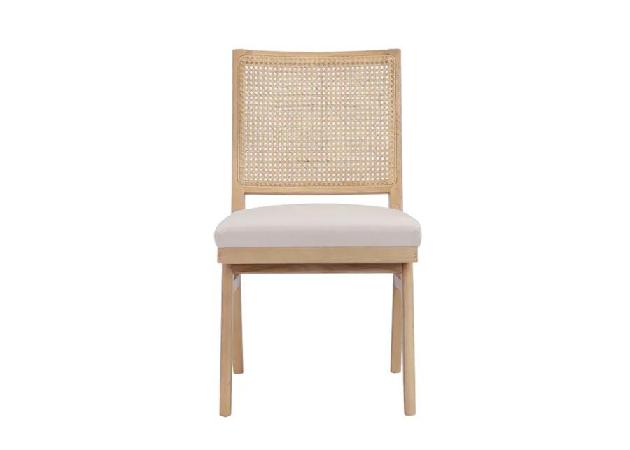 Isha Cane Side Dining Chair Set of 2, Cushioned Seat, White and Brown - Benzara