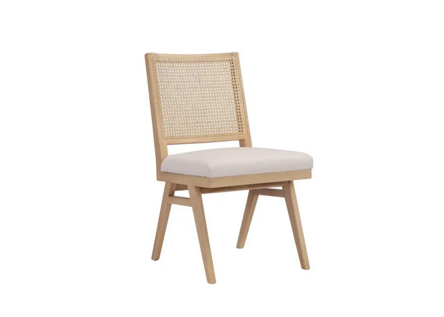 Isha Cane Side Dining Chair Set of 2, Cushioned Seat, White and Brown - Benzara