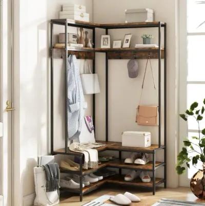 Hivvago Corner Garment Rack with Open Shelves and 7 Hooks Shoe Bench