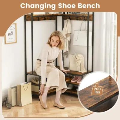 Hivvago Corner Garment Rack with Open Shelves and 7 Hooks Shoe Bench