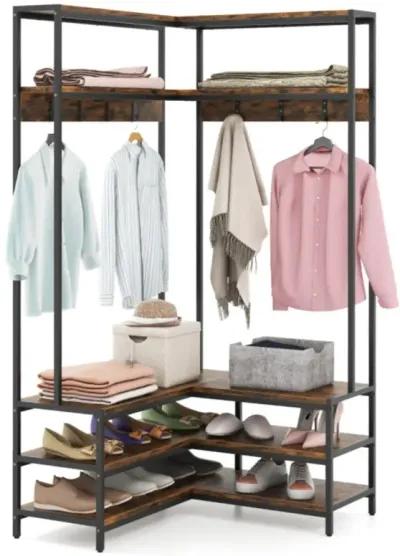 Hivvago Corner Garment Rack with Open Shelves and 7 Hooks Shoe Bench