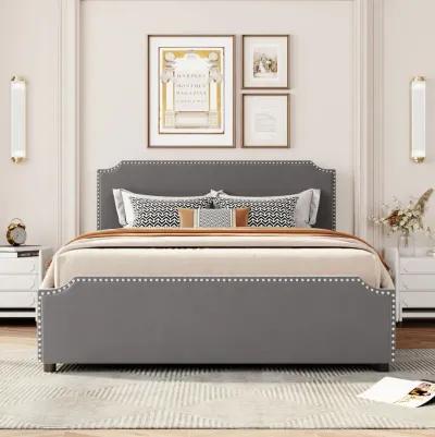 Upholstered Platform Bed With Stud Trim Headboard And Footboard And 4 Drawers No Box Spring