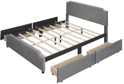 Upholstered Platform Bed With Stud Trim Headboard And Footboard And 4 Drawers No Box Spring