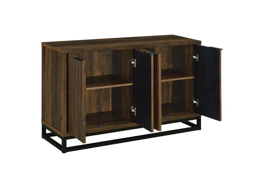 47 Inch Sideboard Cabinet Console, 4 Door, Carved Panels, Black and Brown - Benzara