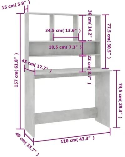 vidaXL Desk with Shelves Concrete Gray 43.3"x17.7"x61.8" Chipboard, 800391