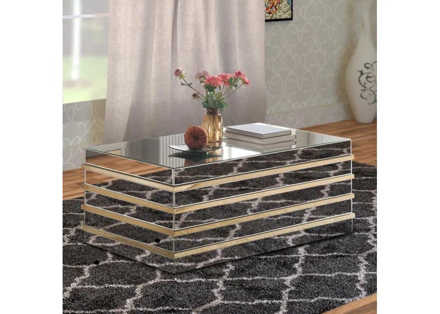 Modern Style Rectangular Metal and Mirror Coffee Table, Silver and Gold-Benzara