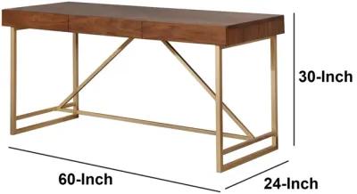 Modern Style Wooden Writing Desk with Unique Metal Legs, Walnut Brown and Gold-Benzara