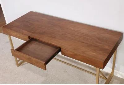 Modern Style Wooden Writing Desk with Unique Metal Legs, Walnut Brown and Gold-Benzara