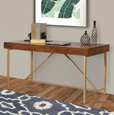 Modern Style Wooden Writing Desk with Unique Metal Legs, Walnut Brown and Gold-Benzara