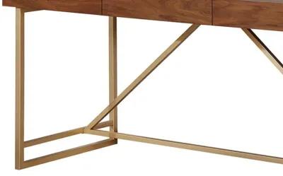 Modern Style Wooden Writing Desk with Unique Metal Legs, Walnut Brown and Gold-Benzara