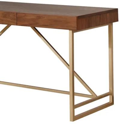 Modern Style Wooden Writing Desk with Unique Metal Legs, Walnut Brown and Gold-Benzara