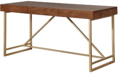 Modern Style Wooden Writing Desk with Unique Metal Legs, Walnut Brown and Gold-Benzara