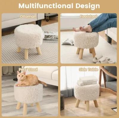 Hivvago Round Footstool Ottoman Faux Fur Footrest with Padded Seat and Rubber Wood Legs-White