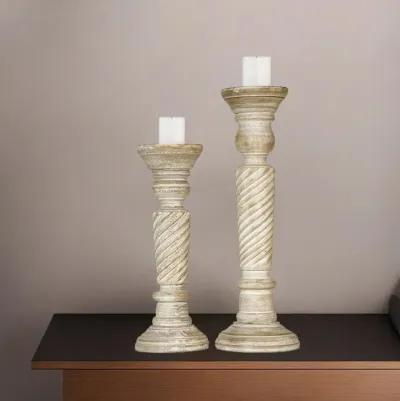 BBH Homes Traditional Antique White Eco-friendly Handmade Mango Wood Set Of Two 12" & 15" Pillar Candle Holder