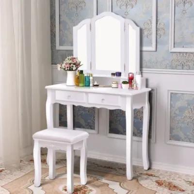 Tri Folding Mirror Vanity Table Stool Set with 4 Drawers and Cushioned Stool