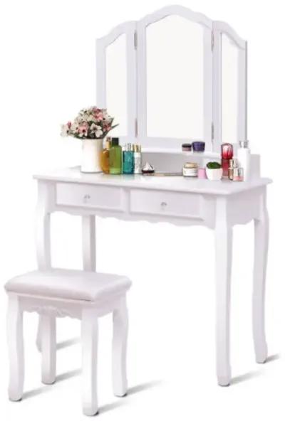 Tri Folding Mirror Vanity Table Stool Set with 4 Drawers and Cushioned Stool