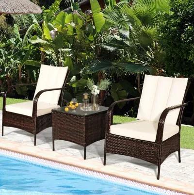 3 Pcs Patio Conversation Rattan Furniture Set with Glass Top Coffee Table and Cushions